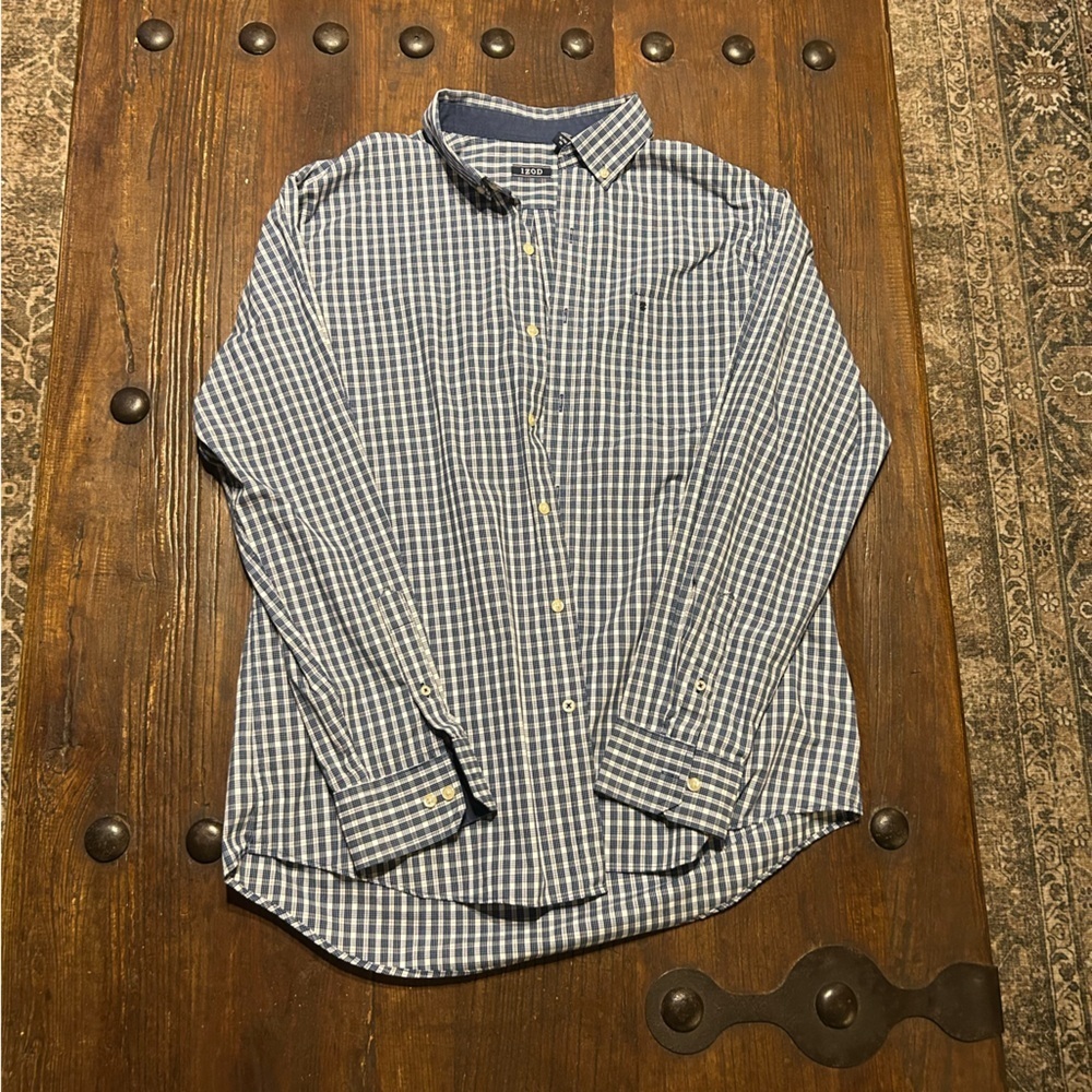 Izod Navy and White Plaid Button-Down Shirt